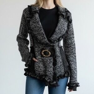 COCO & TASHI Black White Marled Ruffle Lace Cardigan Sweater Women's L Office